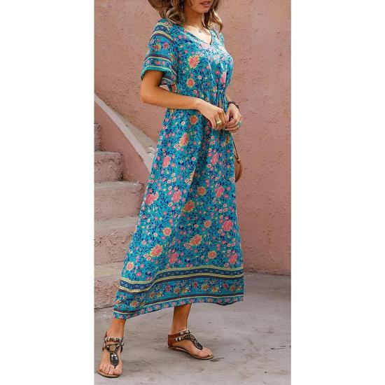 Blue V-Neck Floral Print Midi Dress