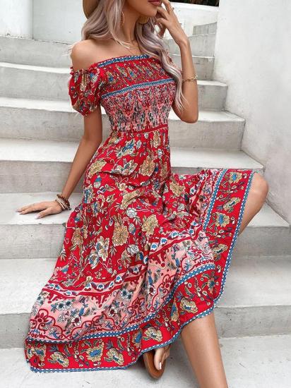 Bohemian Red Party Midi Dress   -