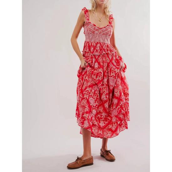 Red Boho Ruffled Layered Long Dress  -