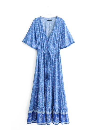 Blue Beach Bohemian  V  Neck Tassel Maxi Dress