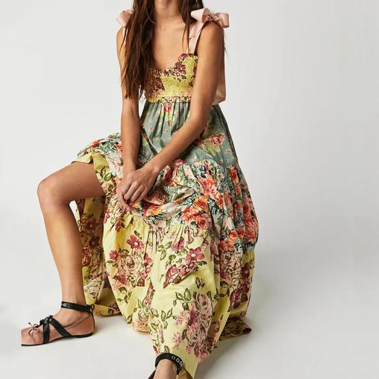 Yellow Floral  Spaghetti Strap Beach Dress -