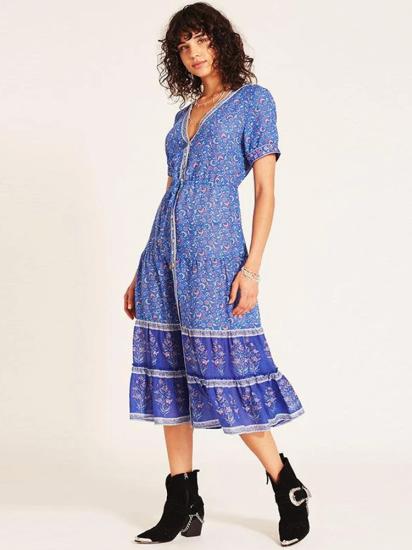 Blue V-Neck Loose Summer Style Midi Dress     