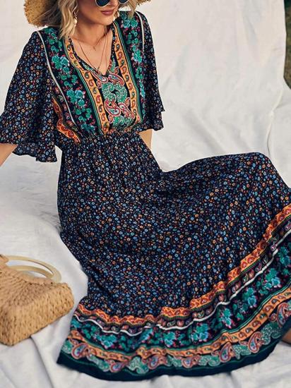 Black Retro Print Boho Long Dress-