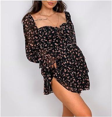 Black Flower Print Puff Long Sleeve Mini Dress