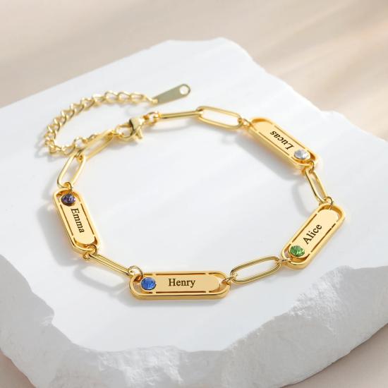 Custom Name Bracelet With Birthstone,Personalized Engraved Family Names Bangle,With Paper-clip Chain Stainless Steel Jewelry