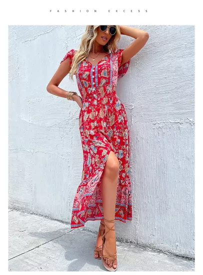 Red Floral Vintage Short Sleeves V Neck Midi Dress-