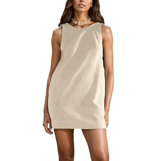 Beige Cotton Linen Sleeveless Mini Dress-