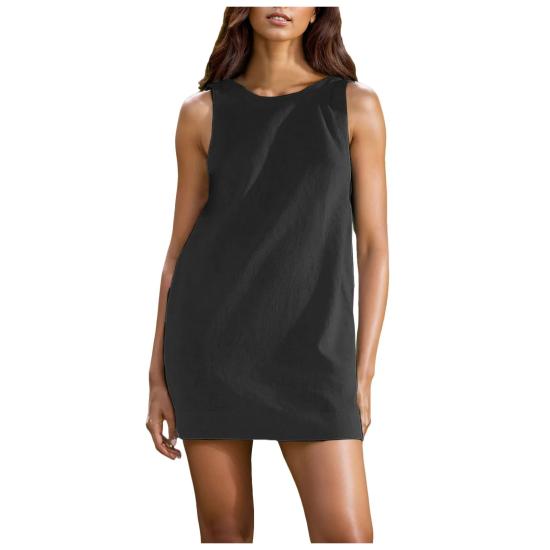 Black Cotton Linen Sleeveless Mini Dress