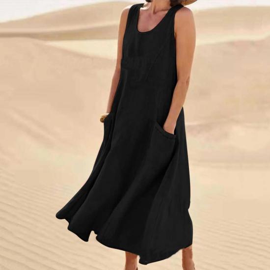 Black Cotton Linen Sleeveless Long Dress