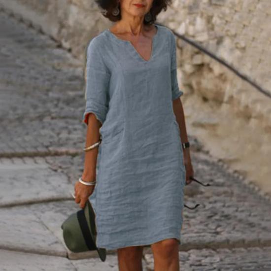 Blue V-neck Three Quater Sleeve Cotton Linen  Dress 