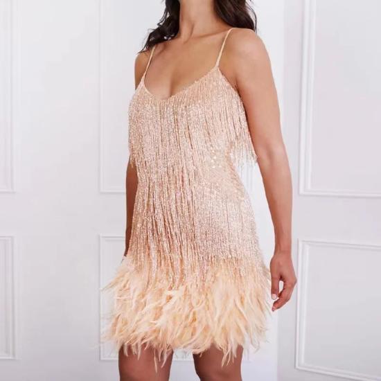 Champagne Tassel Sequins Feather Mini Dress     