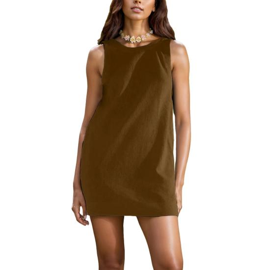 Coffee Cotton Linen Sleeveless Mini Dress-