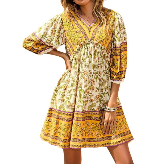 Ethnic Style Floral Print V-Neck Puff Sleeve Yellow Dress