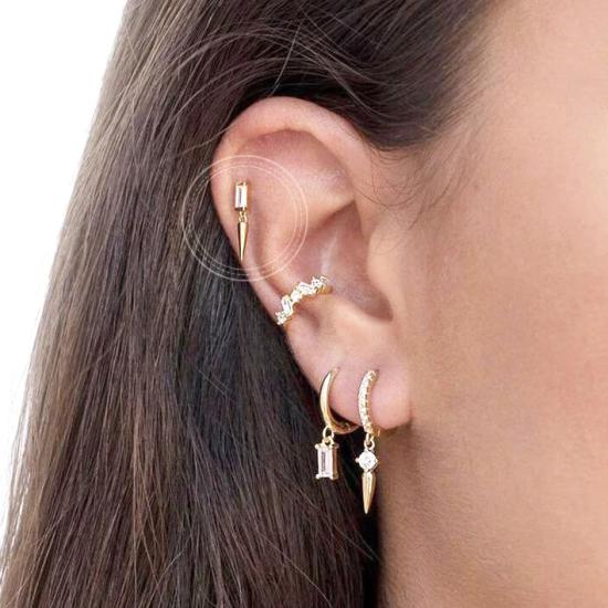 Dainty Baguette CZ Stud Earrings With Dangling Spike Charm/