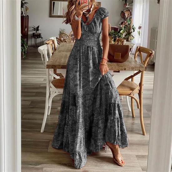 Gray Boho Paisley Print Long Dress    