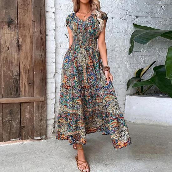 Green Women Vintage Print Maxi Summer Dress 