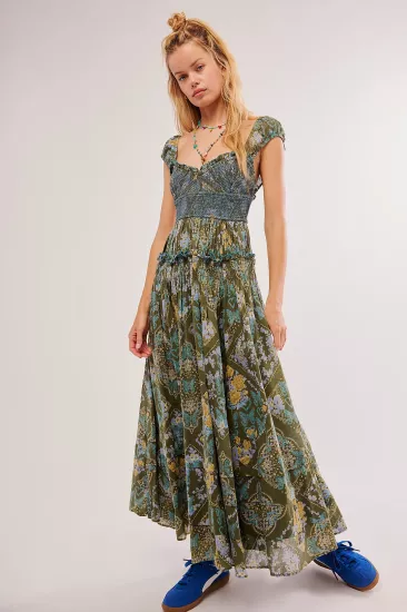 Green Boho Ruffled Layered Long Dress  