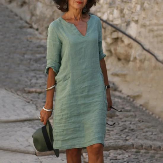 Green V-neck Three Quater Sleeve Cotton Linen Dress /