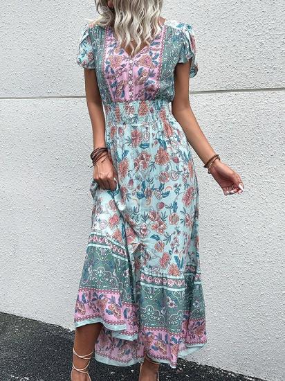 Green Floral Vintage Short Sleeves V Neck Midi Dress