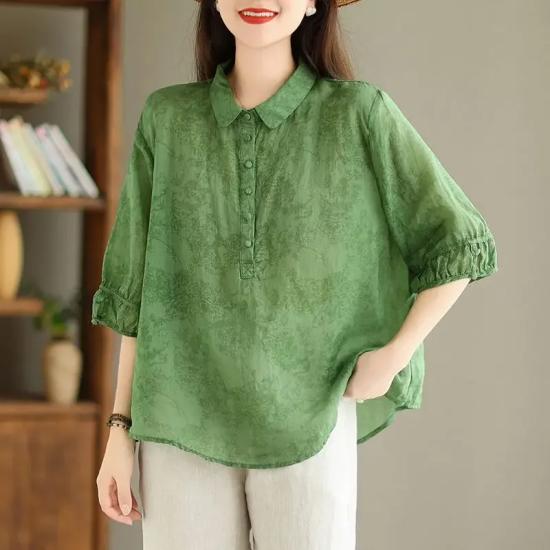 Green Cotton Linen Tees Shirts for Women