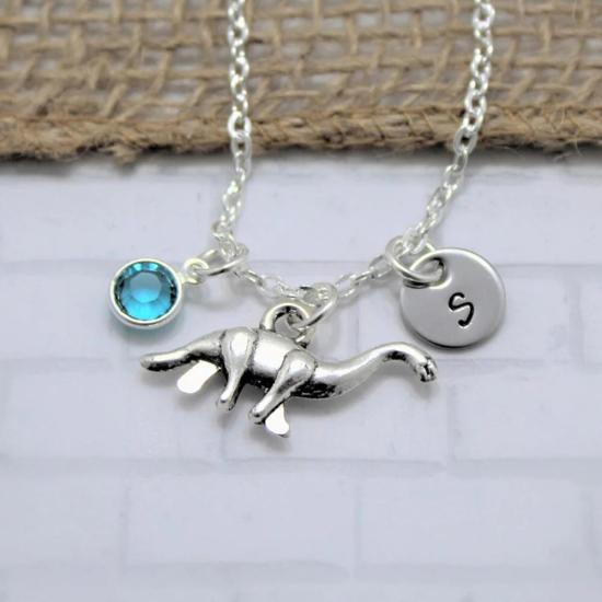 Personalized Birthstone Dinosaur Initial Necklace