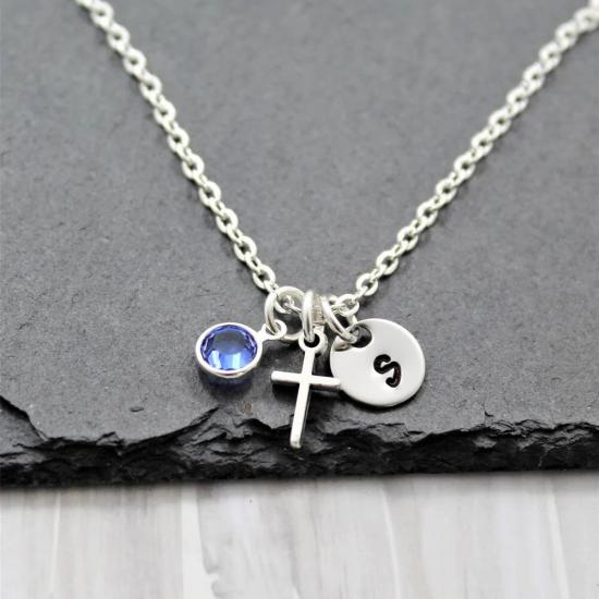 Personalized Birthstone Cross Initial Necklace