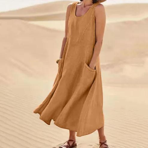 Khaki Cotton Linen Sleeveless Long Dress