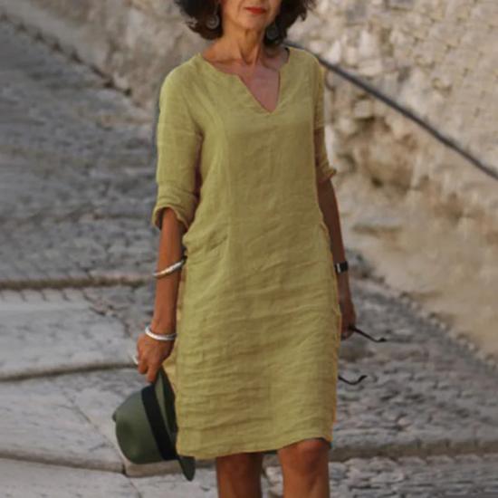 Khaki V-neck Three Quater Sleeve Cotton Linen  Dress