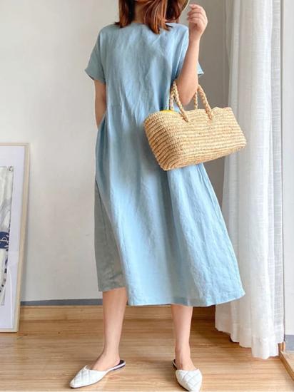 Light Blue Cotton Linen Midi Dress-