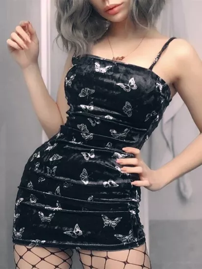 Gothic Spaghetti Strap Backless Off Shoulder Dress