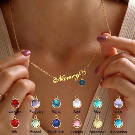 Personalized Heart Birthstone Gift Name Necklace With Birthstone