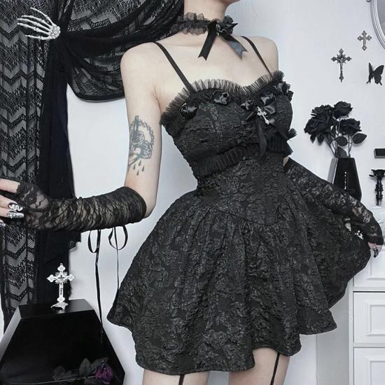 Gothic Mini Black Rose Print Lace Dress