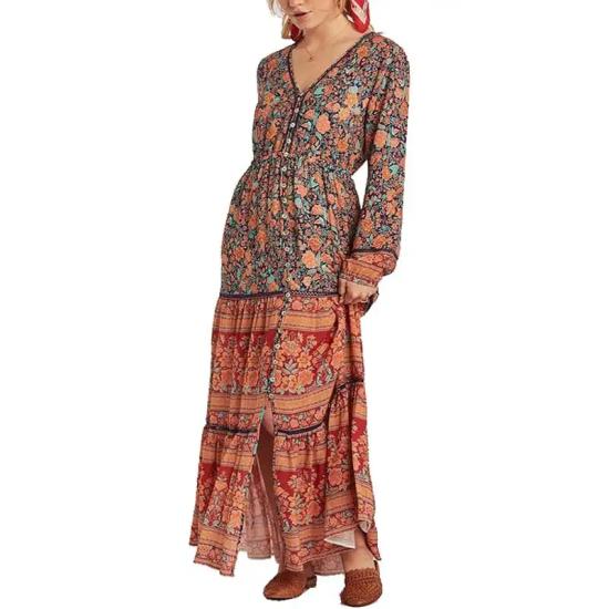 Long Boho Floral Print Maxi Orange Dress