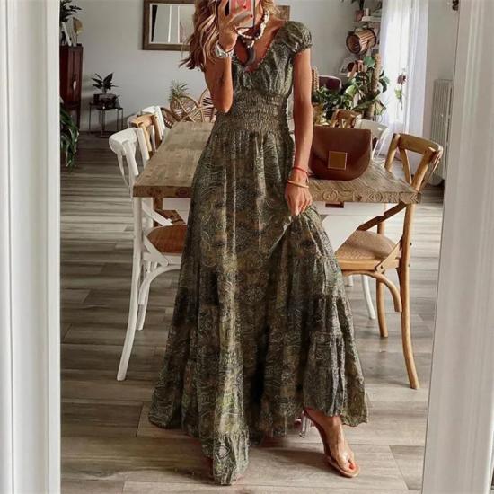 Olive Boho Paisley Print Long Dress    -