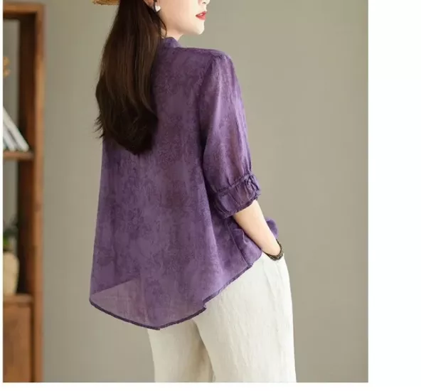 Purple Cotton Linen Tees Shirts for Women 