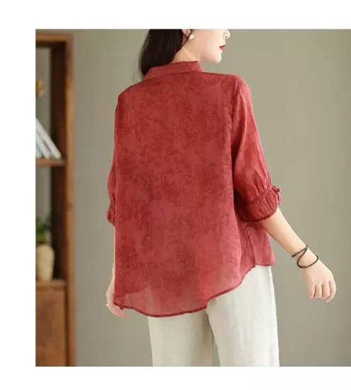 Red Cotton Linen Tees Shirts for Women