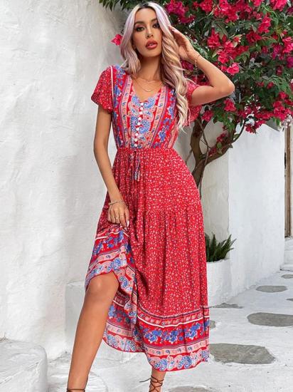 Red Floral Long Bohemian Dress-