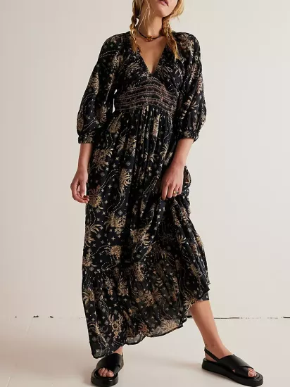 Navy Long Sleeve Boho Maxi Dress  -