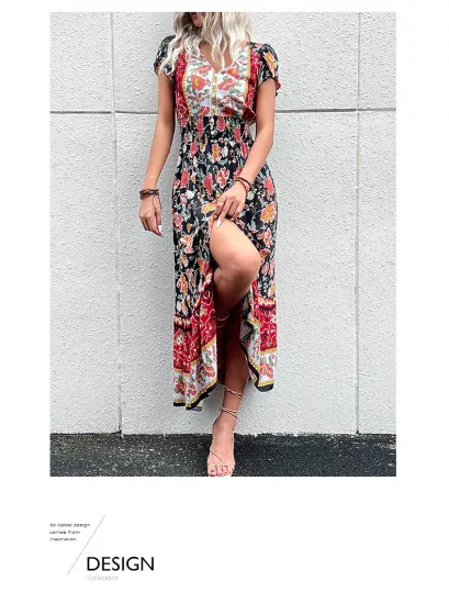 Black Floral Vintage Short Sleeves V Neck Midi Dress