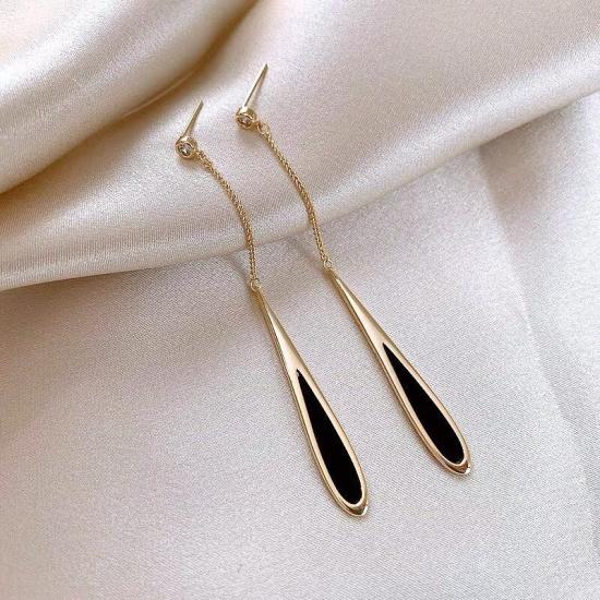 Black Long Water Drop Tassel Eardrop Stud Earrings/