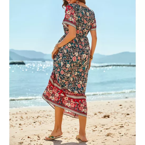 Coral Red V-Neck Floral Print Midi Dress