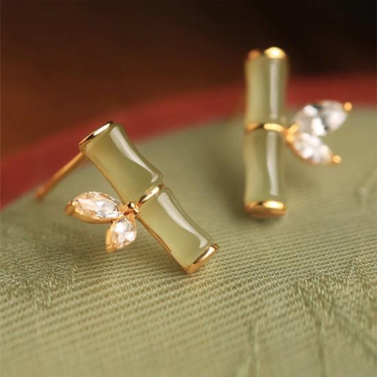 Bamboo White Opal Crystal Leaf Stud Earrings/