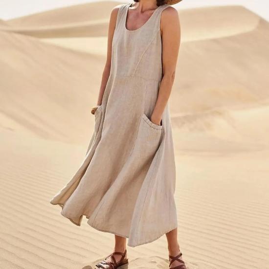 Sand Cotton Linen Sleeveless Long Dress-