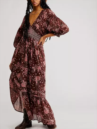 Burgundy Long Sleeve Boho Maxi Dress  