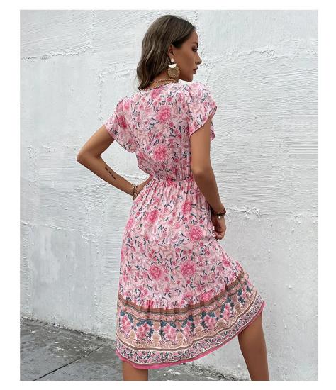 Floral Print Boho Pink Midi Summer Dress-