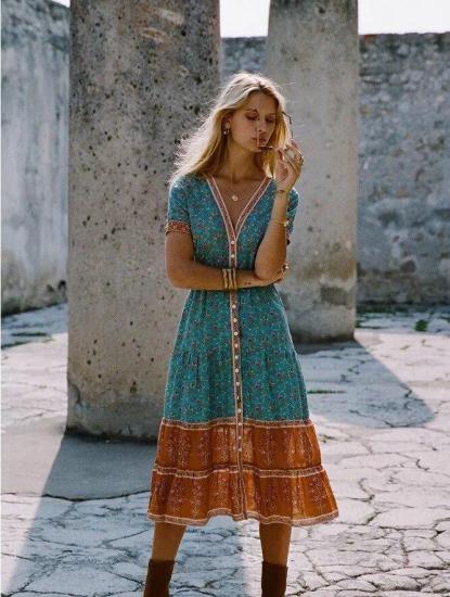 Turquoise V-Neck Loose Summer Style Midi Dress  