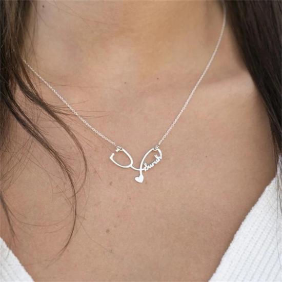 Dainty Custom Name Stethoscope Necklace With Heart/