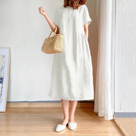 White Cotton Linen Midi Dress-