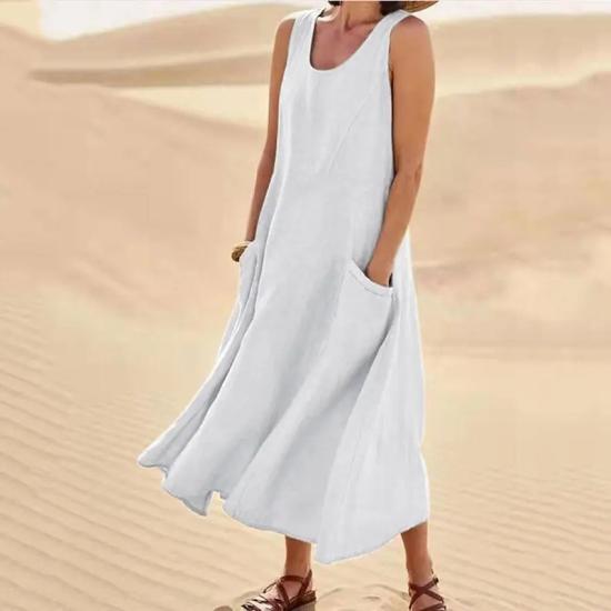 White Cotton Linen Sleeveless Long Dress