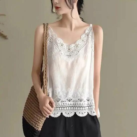 White  Cotton And Linen Lace Camisole